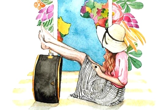 chica con las piernas sobre su maleta