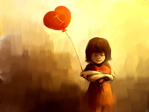 Niña con un globo de corazón pensando en amor no correspondido