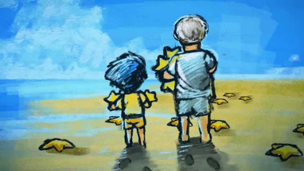 menino com seu pai coletando estrelas do mar e contando-lhe uma lenda