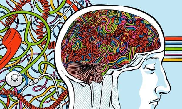 cabeza humana con conexiones neuronales de colores