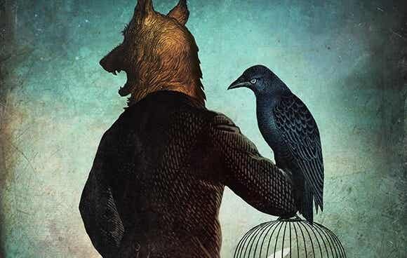 hombre con cabeza de lobo sujetando un cuervo y representando la personalidad pasivo-agresiva