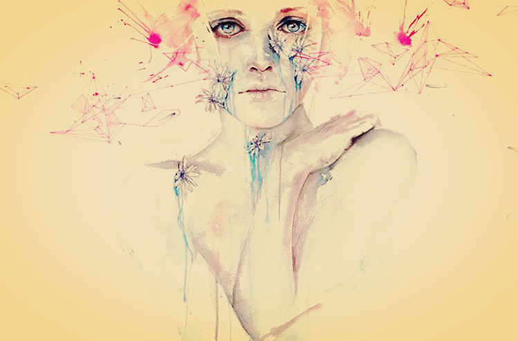 mujer con figuras geométricas triste porque ha dejado de insistir en el amor