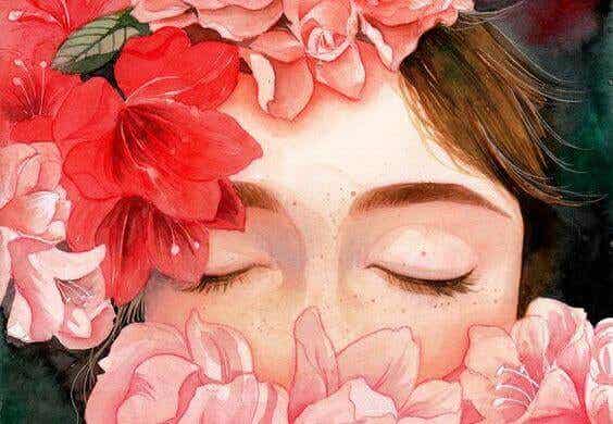 Mujer con los ojos cerrados rodada de flores