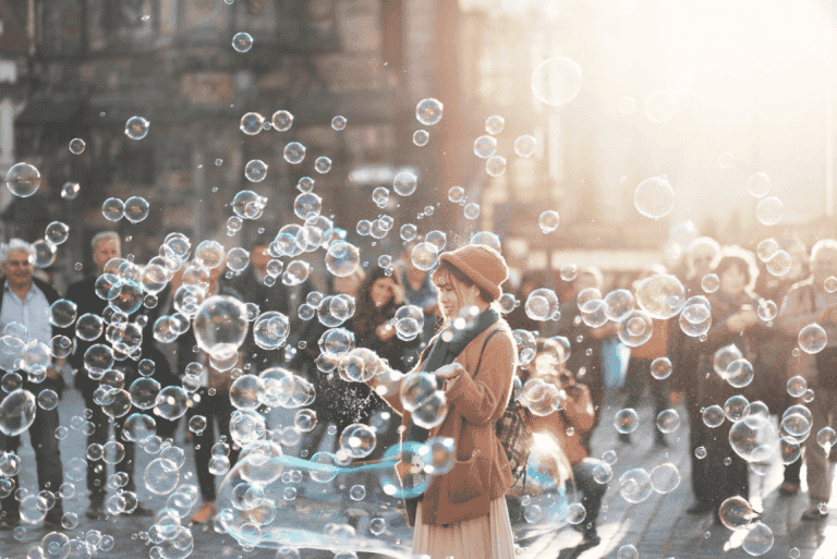 woman popping bubbles