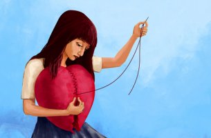 Mujer remendando su corazón roto