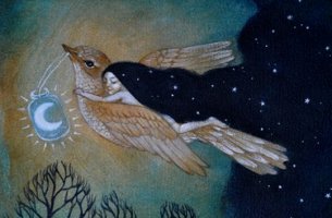 mujer subida a un pájaro que se escapa del tiempo