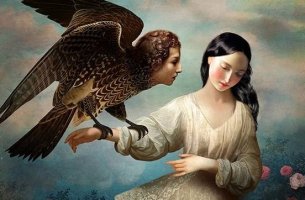 mujer sujetando un águila con cabeza humana que representa la personalidad pasivo-agresivo