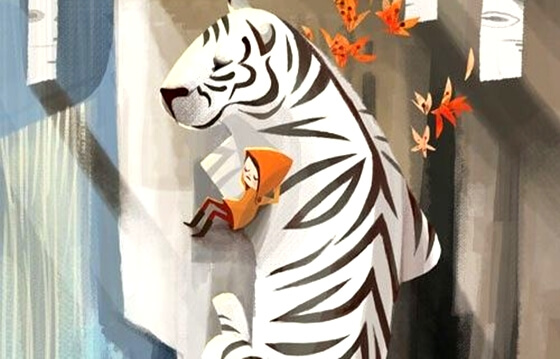 niño tumbado con un tigre blanco representando la fuerza de la actitud