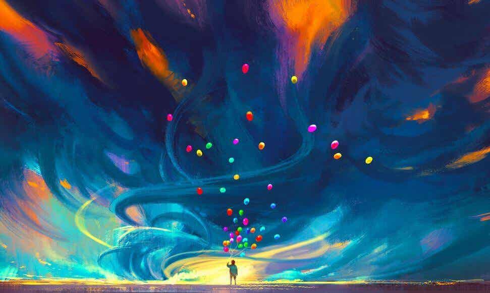 person with colorful balloons