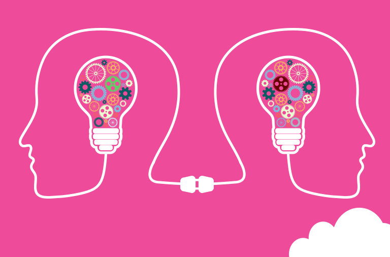 rostros comunicados por bombilla simbolizando el aprendizaje social