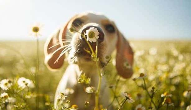Perro oliendo una flor