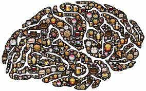 Cerebro con alimentos representando el vínculo entre emoción y alimentación