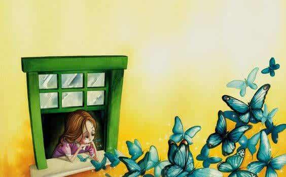 mariposas verdes saliendo de una ventana donde hay una chica triste