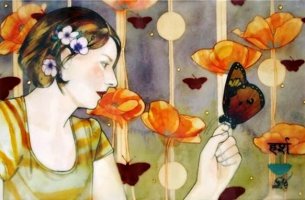 mujer con mariposa en la mano que aguarda lo inesperado