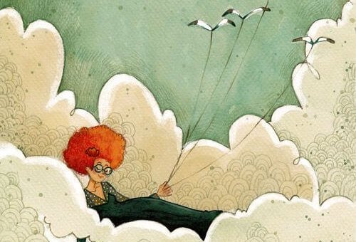 woman holding onto three birds with a thread