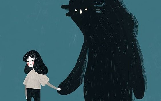 girl holding monster's hand in fear