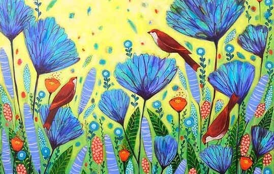 pájaros en flores azules