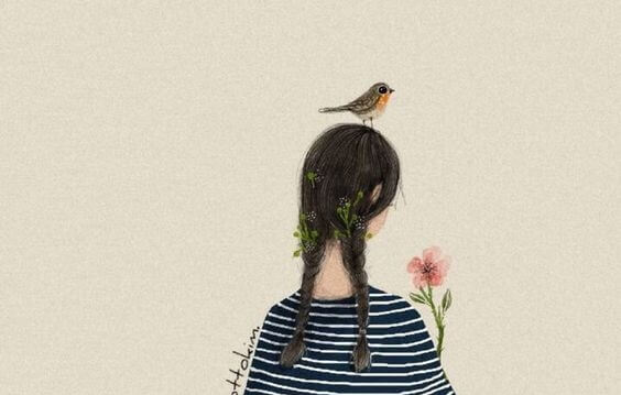 chica con pajaro en la cabeza