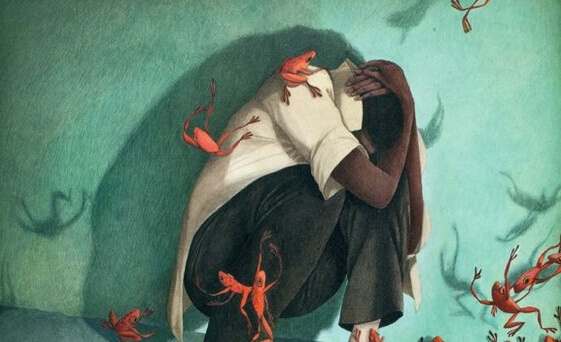 hombre que se cubre la cabeza huyendo de las malas expresiones