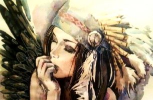 mujer con plumas en la cabeza que se niega a ser dócil