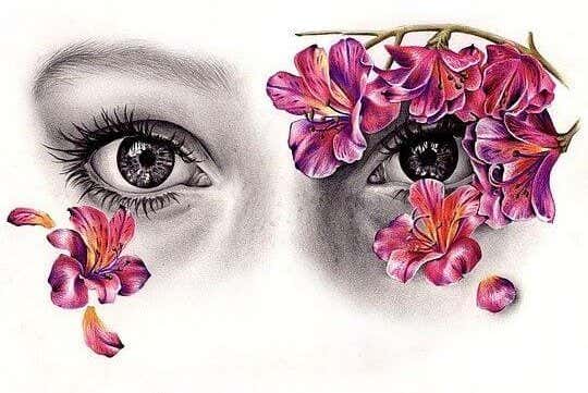 ojos con flores que representan la mirada dócil