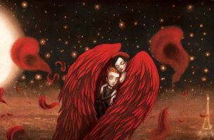 Pareja en el interior de unas alas rojas sintiendo la química del amor