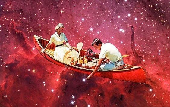 pareja en barca sobre una nebulosa
