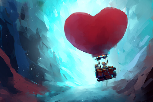 Pareja montada en un globo con forma de corazón simbolizando cómo amar sin apego
