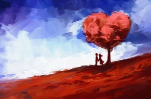 Pareja a la sombra de un árbol con forma de corazón para representar el amor completo