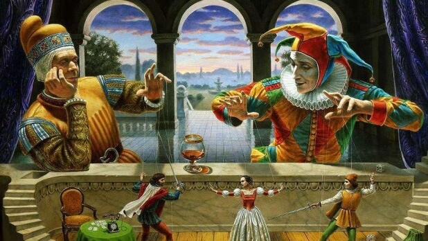 bufón manejando marionetas representando las frases que describen el inconsciente