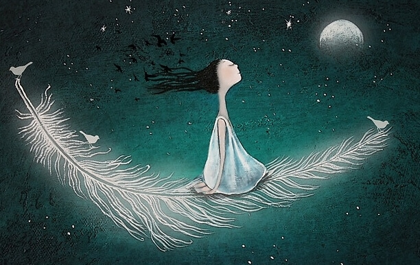 chica volando sobre una pluma feliz por liberarse de la necesidad de ser amados