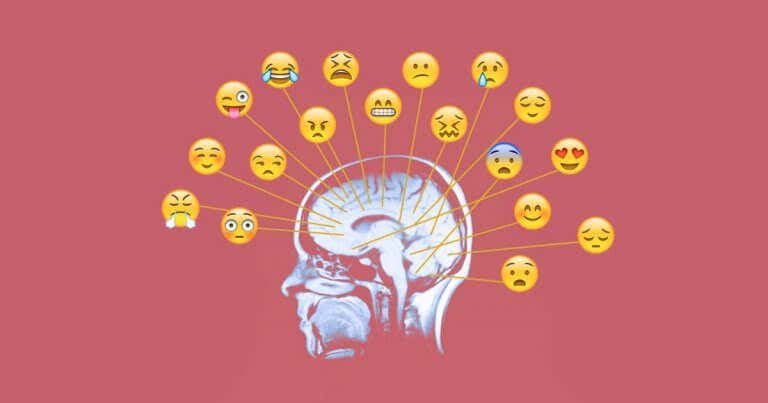 Emoticonos de diferentes emociones señalados en el cerebro de una persona