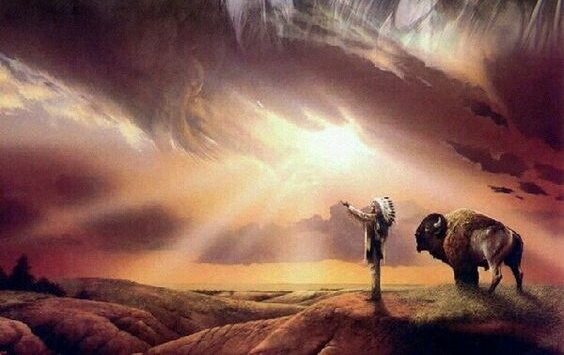 nativo con bisonte pensando en los proverbios de los indios norteamericanos