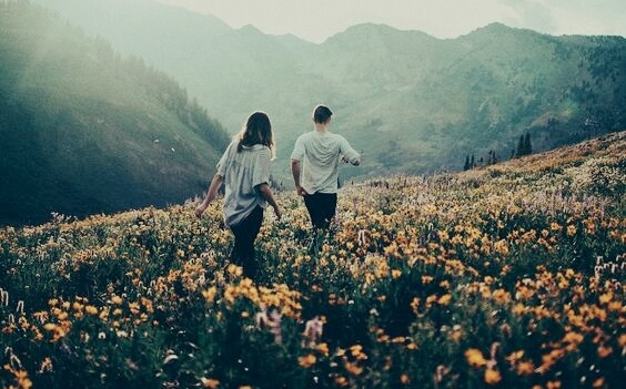 Pareja caminando por campo de flores