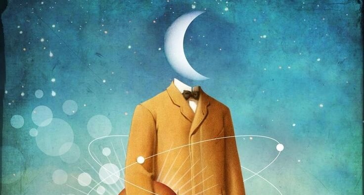 Hombre con cabeza de Luna representando la magia de las frases bonitas