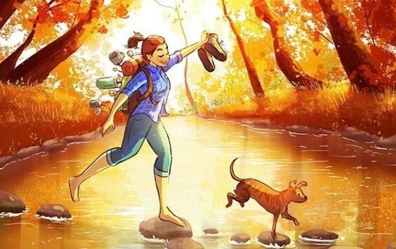 Chica cruzando río pensando en frases para comenzar el nuevo año