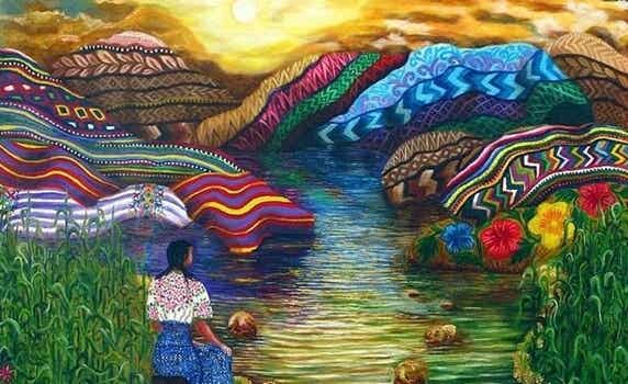 mujer ante montañas de colores representando la sabiduría Tolteca