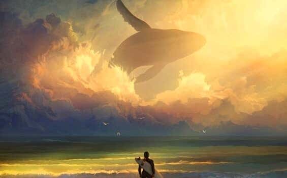 Hombre mirando ballena en el cielo preguntándose ¿Debo irme o debo quedarme?