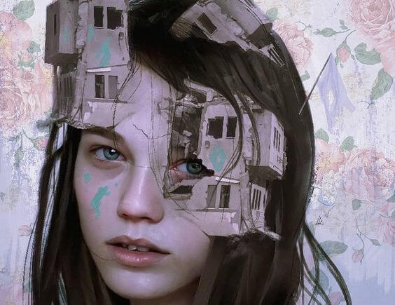 chica con casas destruidas que intenta incrementar la autoestima