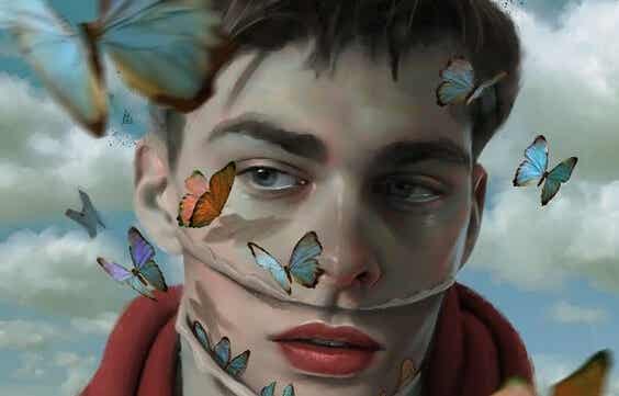 chico rodeado de mariposas que intenta incrementar la autoestima