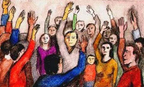 people raising hands: seven social sins.