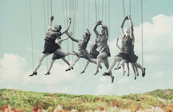 women hanging from threads representing the phrases of Anthony de Mello