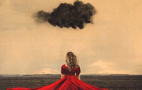 nube sobre chica con vestido rojo simbolizando el arte de tómate tu tiempo