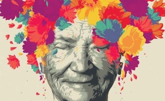 anciana envuelta en colores simbolizando la inteligencia y sabiduría