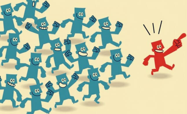 grupo siguiendo al líder simbolizando las teorías de Robert Cialdini