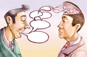 Hombre hablando a otro enviando ideas a su mente para representar el efecto de adormecimiento
