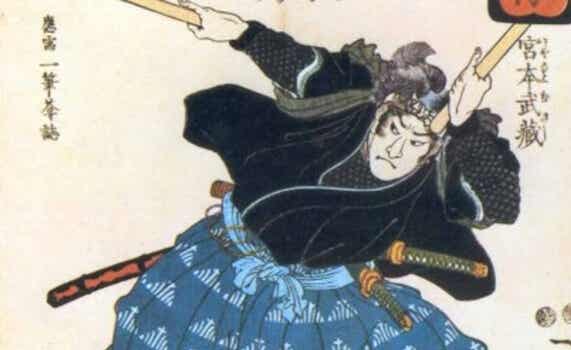 ilustración representando la historia del samurái y el pescador