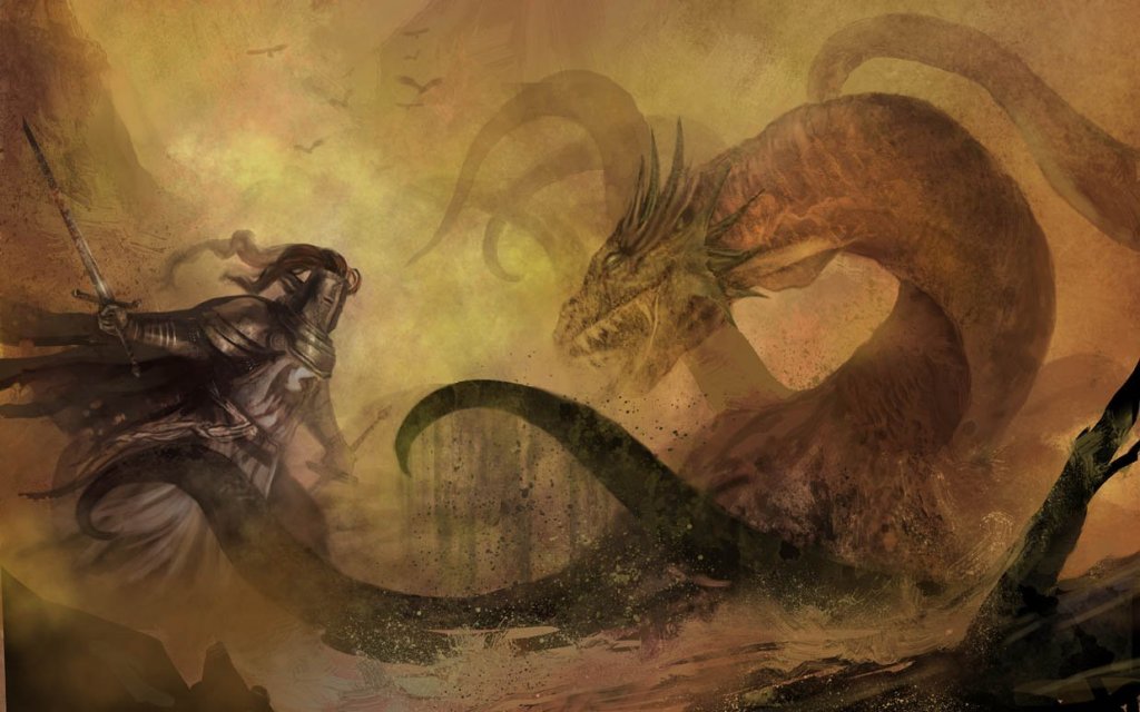 hombre luchando contra dragón representando las frases del libro El caballero de la armadura oxidada