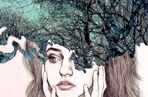 chica con bosque en la cabeza que trabaja en su higiene mental