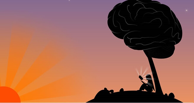 niña bajo árbol en forma de cerebro simbolizando la inteligencia y sabiduría